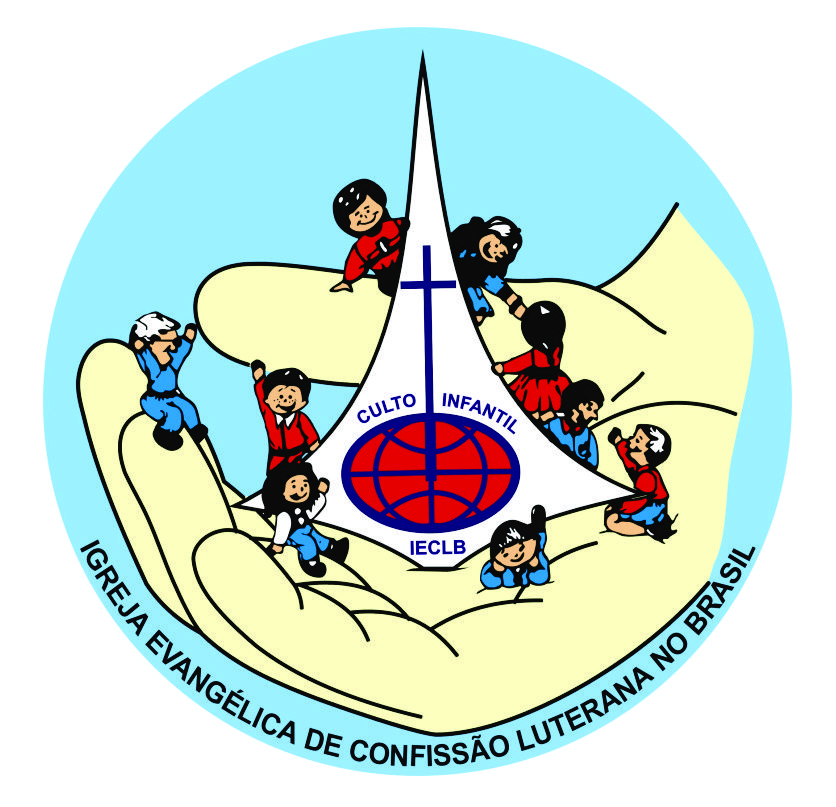Mão segurando o símbolo da IECLB e crianças ao redor